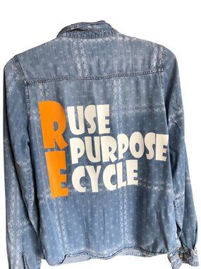 Upcycled Denim Environment Shirt, Reuse Repurpose Recycle Graphic, Size Medium